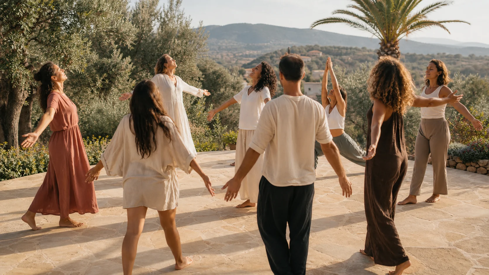 Menschen im Kreis bei Bewegung und Yoga in mediterraner Umgebung mit Palme